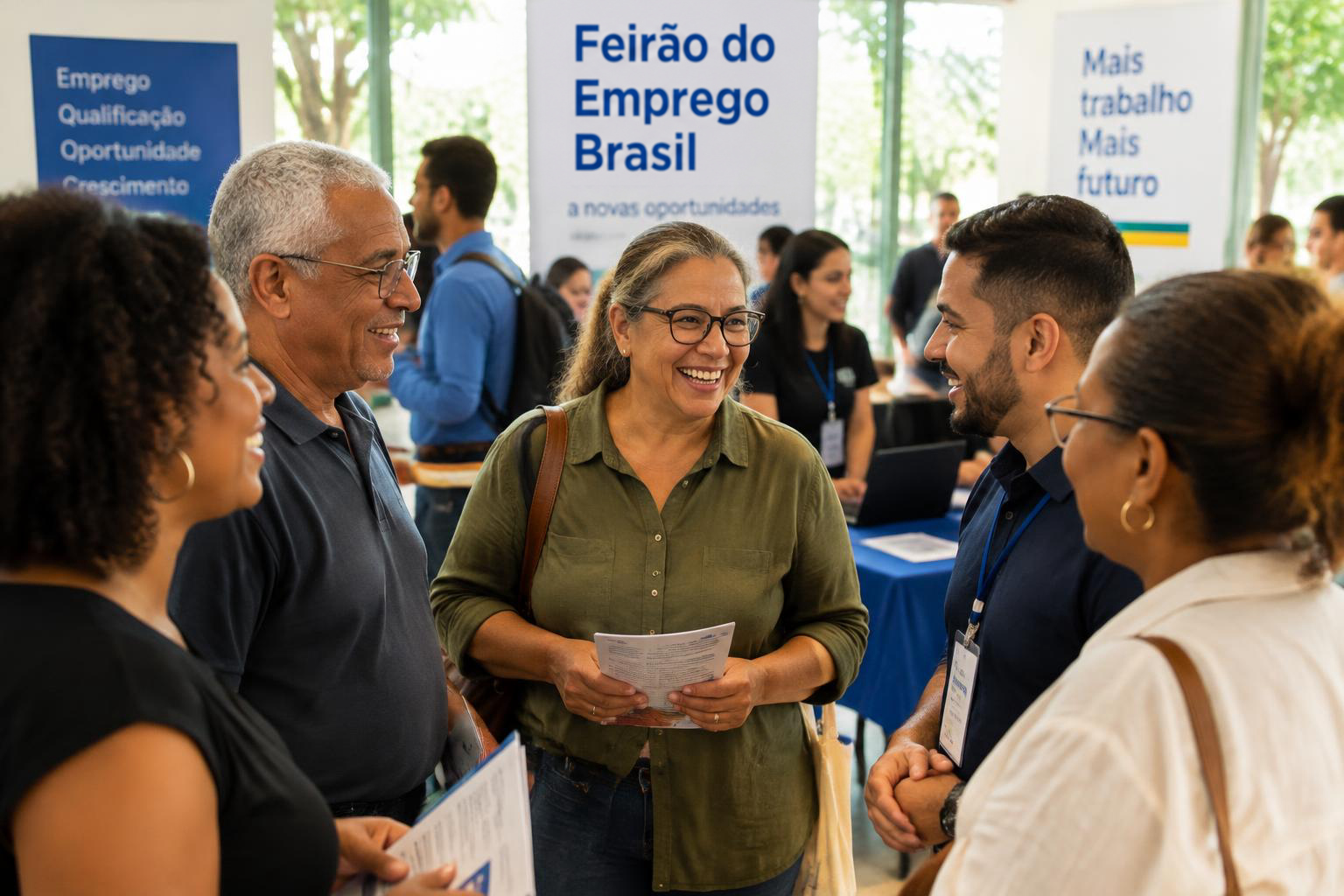 Pessoas de diferentes idades conversando em uma feira de empregos